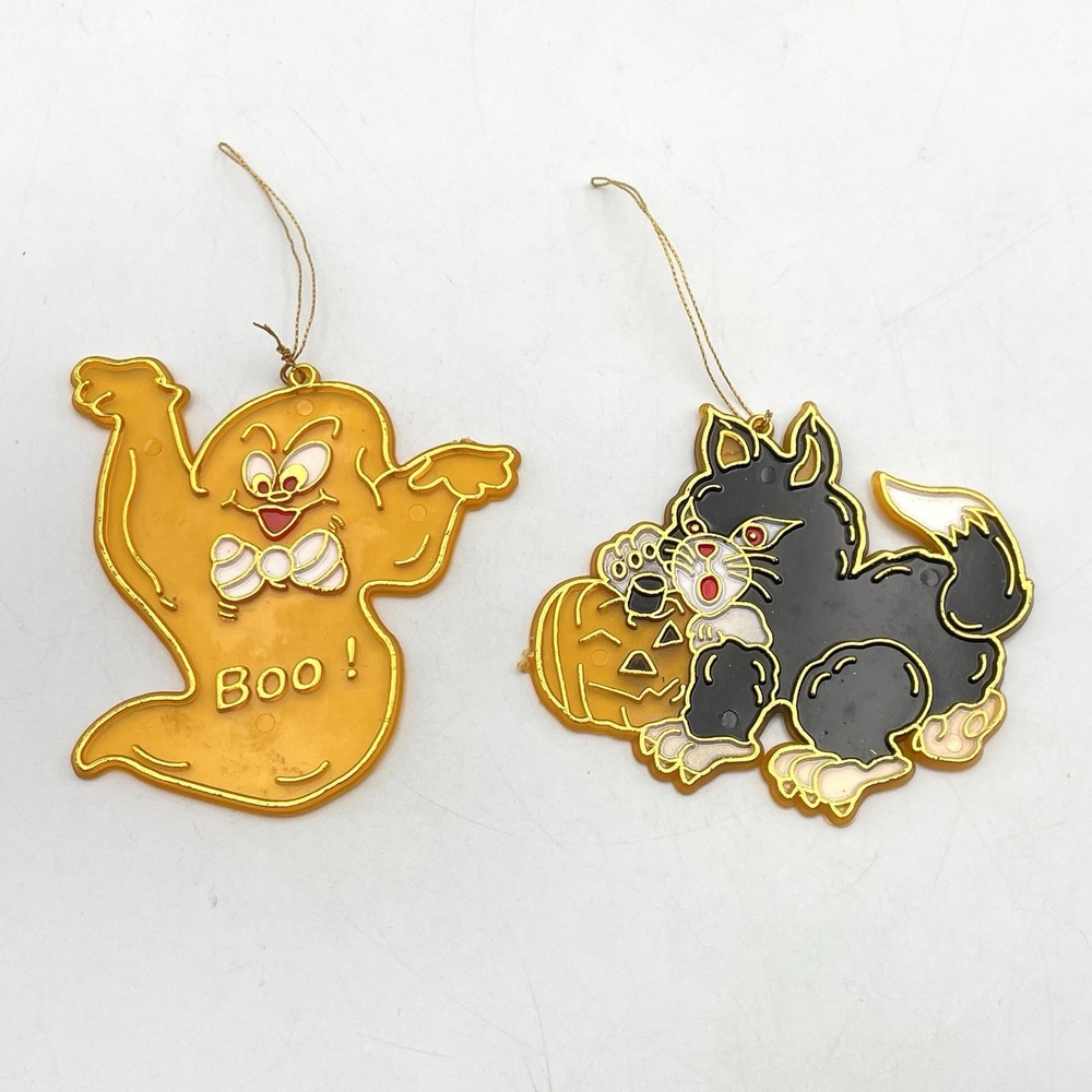 Vintage 1990s Halloween Suncatcher Ornaments Ghost Boo Black Cat Pumpkin Lot 2